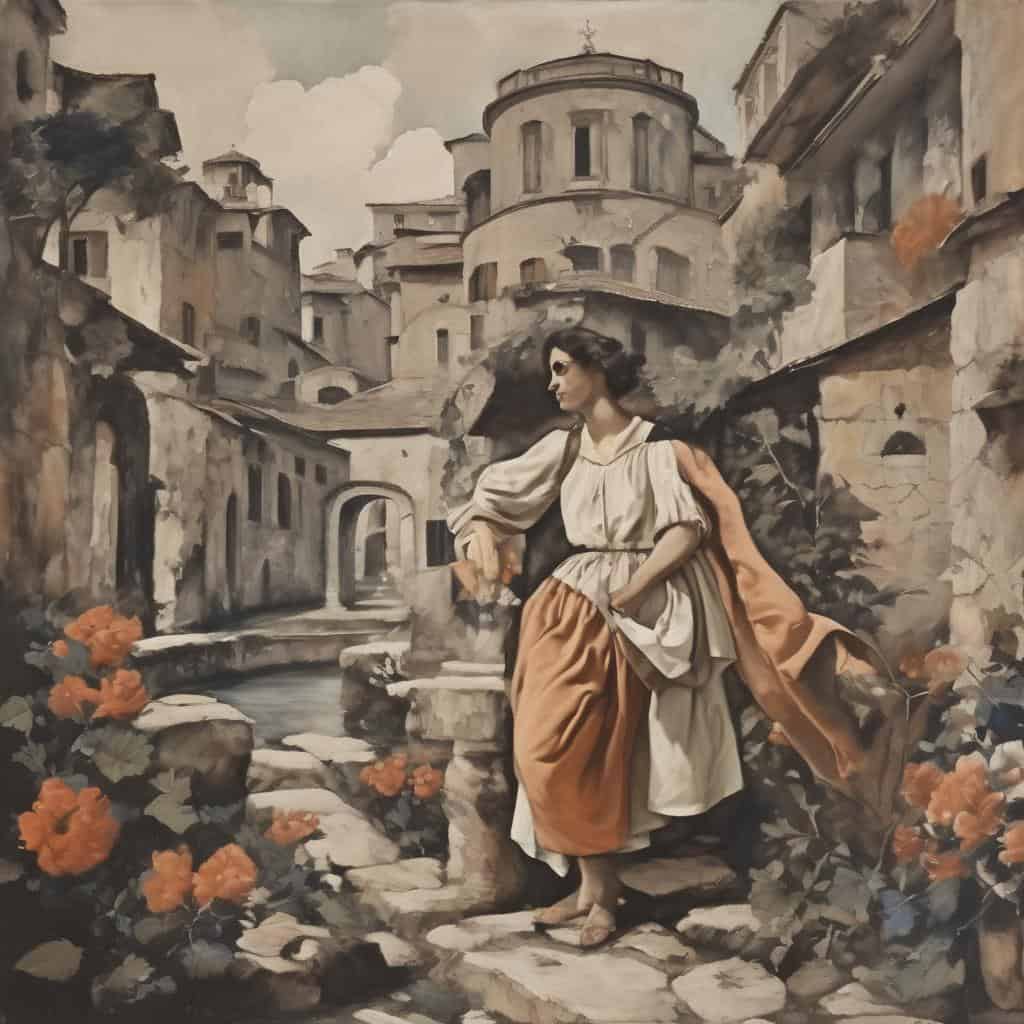 Συγχρονική τέχνη και δημιουργία, γυναικεία μορφή σε αρχαία πόλη, ασπρόμαυρη ζωγραφική, καλλιτεχνική φαντασία, σύγχρονη εποχή, τέχνη και πολιτισμός.