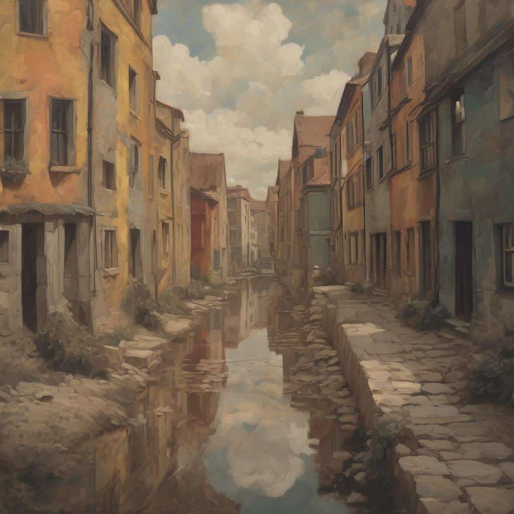 Παλιές πολυκατοικίες και canal σε καμβά, σύγχρονη τέχνη, καλλιτεχνική δημιουργία, ιστορική καλλιτεχνική εποχή, σύγχρονη τέχνη, τέχνη και δημιουργία.